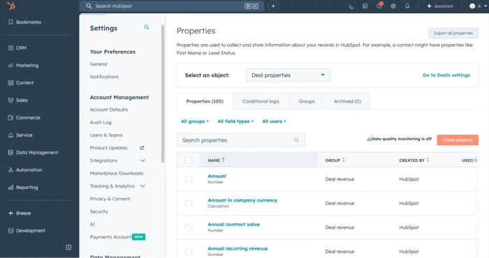 properties dashboard screenshot on hubspot